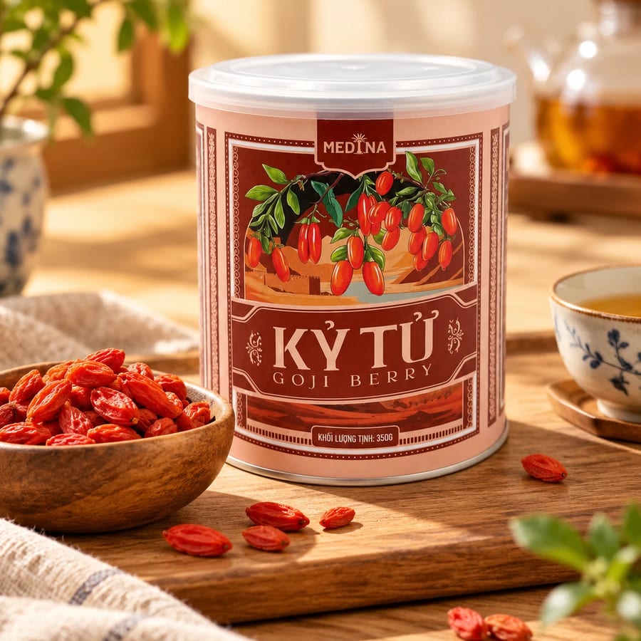 Lon kỷ tử Ninh Hạ Medina 350g bên bát kỷ tử (ảnh minh hoạ)