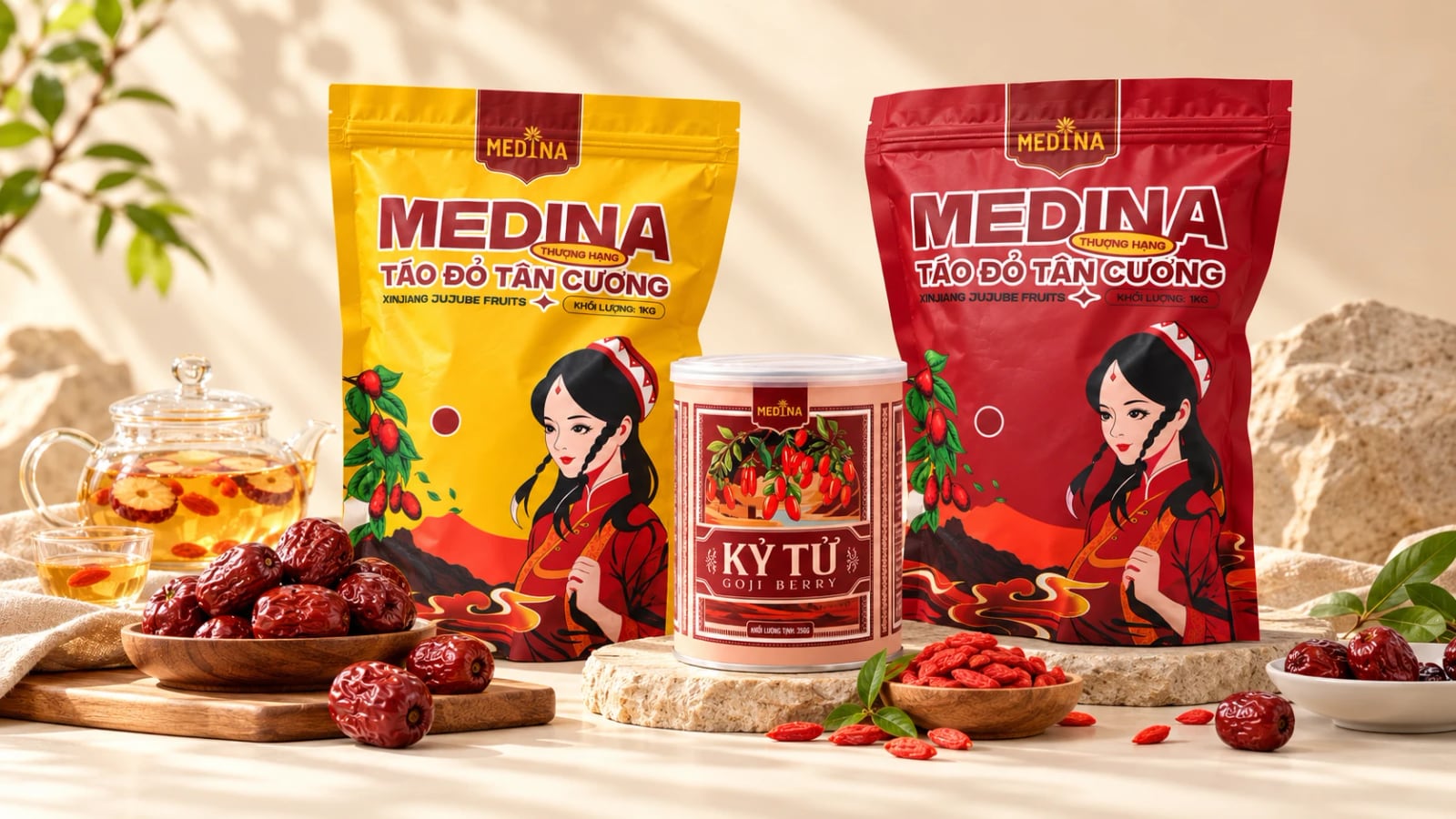Túi táo đỏ vàng, túi táo đỏ Premium và lon kỷ tử Medina bên đĩa táo đỏ và ấm trà (ảnh minh hoạ)