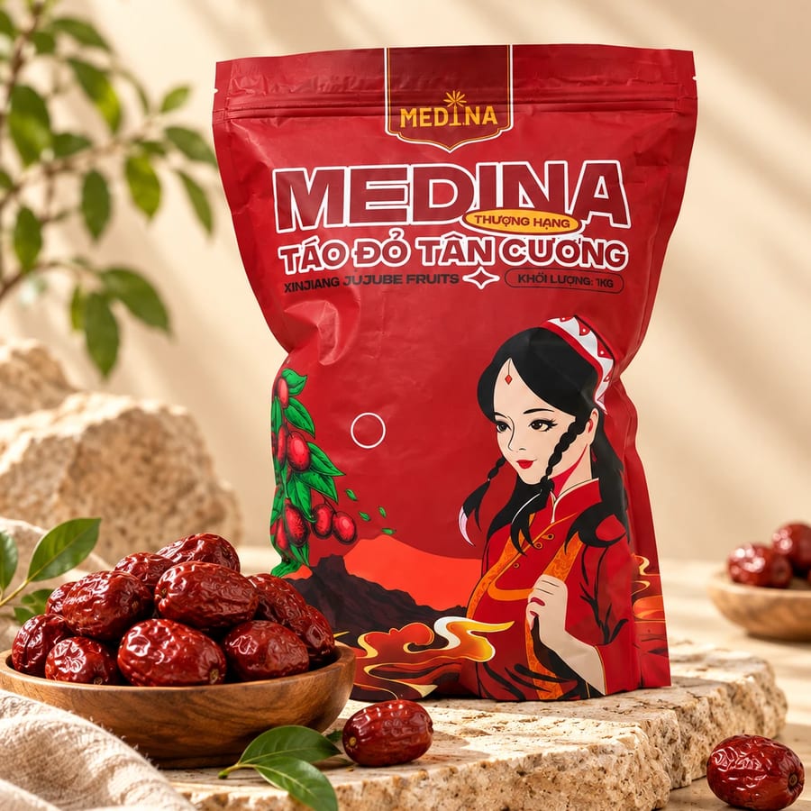 Túi đỏ táo đỏ Tân Cương Medina Premium size 60-80, 1kg, bên bát táo đỏ (ảnh minh hoạ)