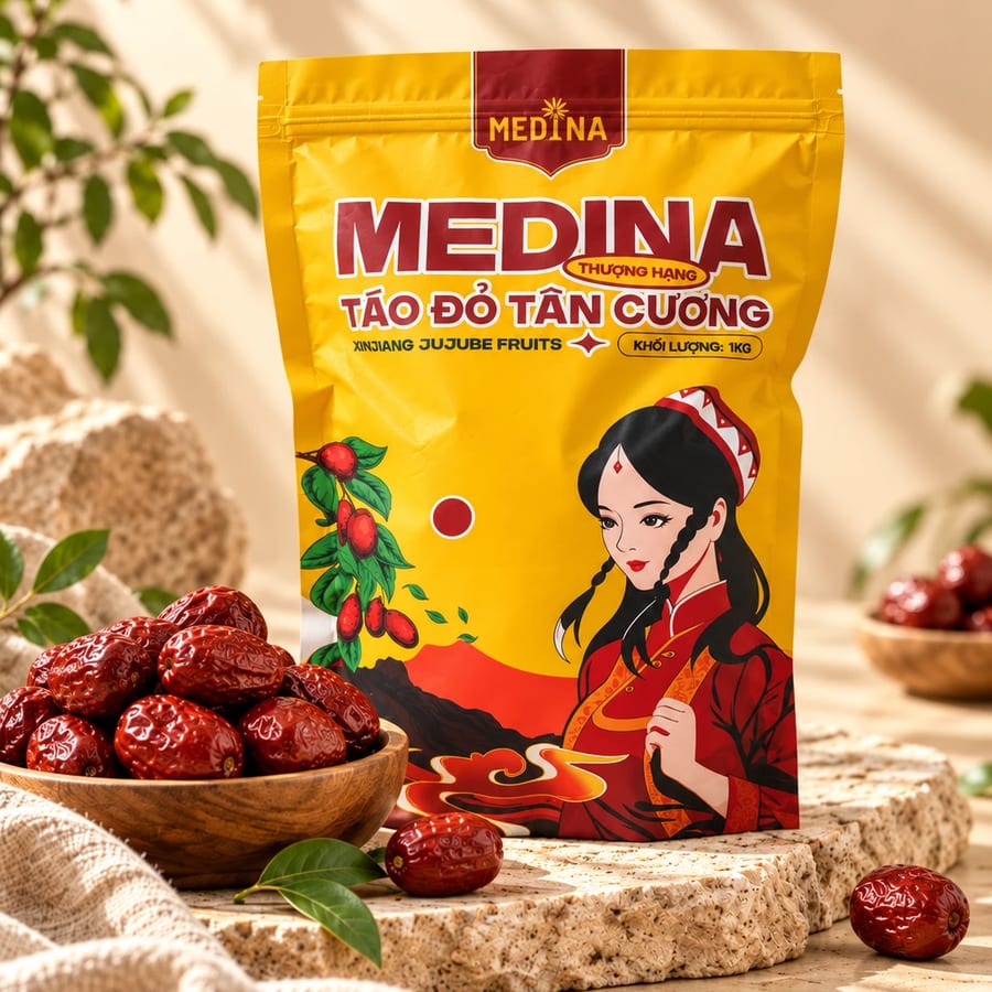 Túi vàng táo đỏ Tân Cương Medina size 80-100, 1kg, bên bát táo đỏ (ảnh minh hoạ)